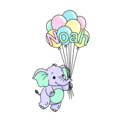 A whimsical baby elephant cartoon, with a light lavender body and mint green accents, floating gently while holding a cluster of pastel-colored balloons (light pink, soft yellow, sky blue). The name 'Noah' is playfully incorporated into the balloon strings, all in a dreamy, soft pastel aesthetic, isolated illustration.