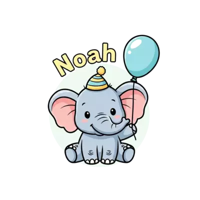 A super cute, happy baby elephant cartoon character, with a gentle pastel grey body and soft pink inner ears, holding a pastel blue balloon. The name 'Noah' is written playfully above it in a soft pastel yellow, all in a sweet, joyful, and isolated graphic style with a light pastel background.