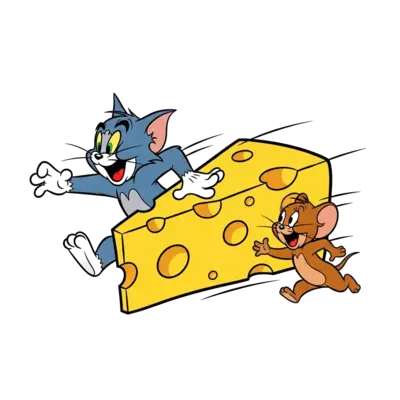 A playful cartoon illustration of Tom and Jerry chasing each other around a giant block of cheese, vibrant colors, classic animation style, joyful expressions, white background