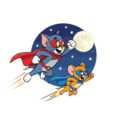 Tom and Jerry dressed as superheroes, flying through a starry night sky with a full moon, dynamic action pose, bold comic book style, fun and adventurous atmosphere
