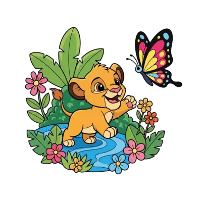 A super cute baby Simba, drawn in a playful, chibi cartoon style, happily chasing a colorful butterfly through a vibrant, stylized jungle. Bright and cheerful colors, soft outlines, and a joyful expression.