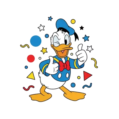 A cheerful, classic Donald Duck character in a playful pose, maybe winking or giving a thumbs-up, surrounded by vibrant, abstract shapes and stars, in a clean cartoon style with bright primary colors.