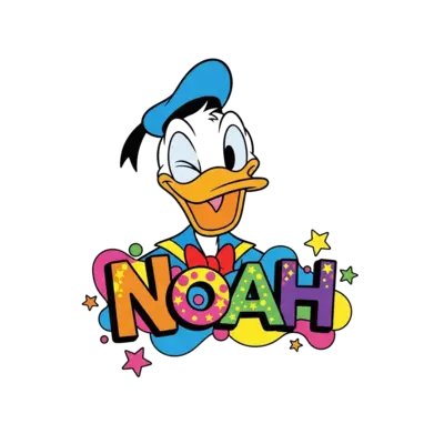 A cheerful, classic Donald Duck character in a playful pose, winking, with the name 'Noah' creatively integrated into vibrant, abstract shapes and stars, in a clean cartoon style with bright primary colors.