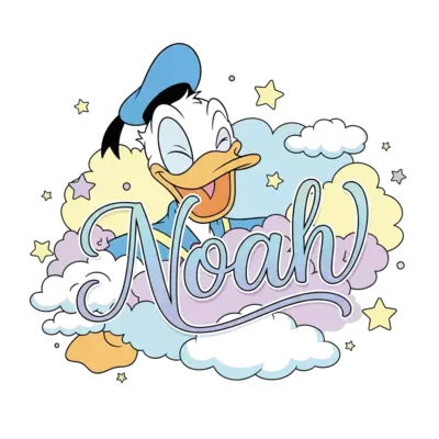 A cheerful, classic Donald Duck character in a playful pose, winking, surrounded by soft, dreamy pastel clouds and floating stars. The name 'Noah' is elegantly integrated in a flowing script, crafted from pastel blue and lavender hues, within the whimsical background elements. Clean cartoon style, with a dominant palette of light blues, soft pinks, gentle yellows, and lavender.