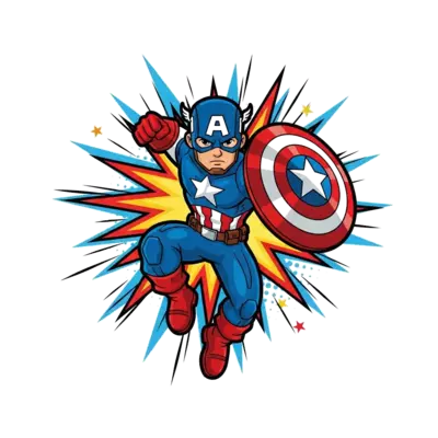 A bold and dynamic cartoon Captain America mid-leap, shield in hand, with a powerful, heroic pose against an exploding starburst background, vibrant comic book colors, child-friendly illustration style.