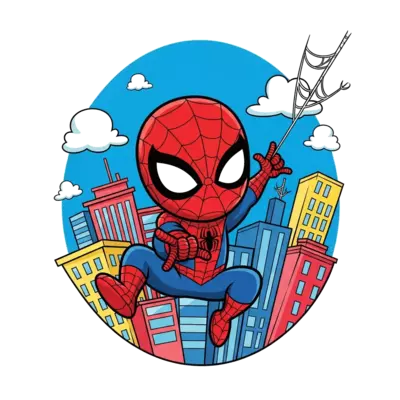 A cute, chibi Spiderman playfully swinging through a city, with bright, cartoon-style buildings and a cheerful blue sky, vibrant and dynamic illustration.