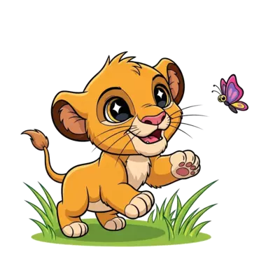 A super cute, chibi-style baby Simba cub, with big, sparkling eyes, playfully chasing a tiny, colorful butterfly through a field of bright green grass, in a vibrant and friendly cartoon style.