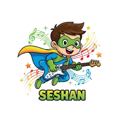 A vibrant cartoon illustration of a cheerful superhero kid named 'Seshan' flying with a cool electric guitar, surrounded by swirling musical notes and twinkling stars, in a dynamic and energetic style with a rainbow color palette of green, yellow, blue, and orange. The name 'Seshan' is prominently displayed in a fun, bold font.