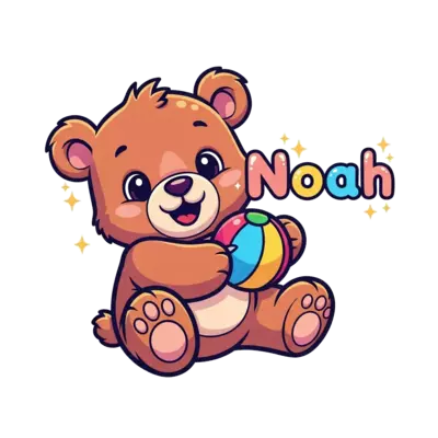 A super cute and bubbly cartoon bear cub, with big friendly eyes and a happy smile, playing with a colorful ball. The name 'Noah' is playfully incorporated into the design with a soft, rounded font, surrounded by tiny sparkling stars, in a vibrant, cheerful animation style.
