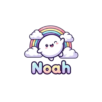 An adorable, round, marshmallow-like cartoon character with tiny arms and legs, floating happily among fluffy clouds and a pastel rainbow. The character is waving, and the name 'Noah' is written below in a bouncy, cute font, all in a soft, bubbly animation style with gentle gradients.