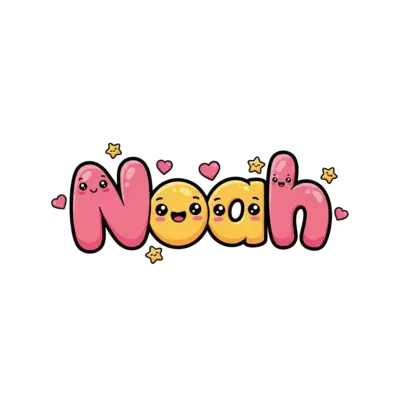 The name 'Noah' rendered in a very cute, bubbly, and slightly squishy cartoon font, where each letter has a friendly face and small expressive eyes. Little animated stars and hearts are playfully bouncing around the letters, in a bright and cheerful color palette, looking like it jumped straight out of a children's animated show.