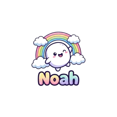 An adorable, round, marshmallow-like cartoon character with tiny arms and legs, floating happily among fluffy clouds and a pastel rainbow. The character is waving, and the name 'Noah' is written below in a bouncy, cute font, all in a soft, bubbly animation style with gentle gradients.