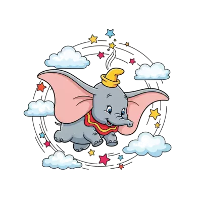 A cheerful, cute cartoon Dumbo flying gracefully with his magic feather, surrounded by a swirl of colorful stars and soft clouds, in a vibrant, playful style.