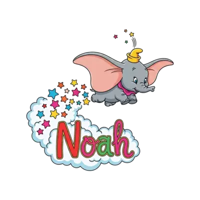 A cheerful, cute cartoon Dumbo flying gracefully with his magic feather, leaving a trail of colorful stars and soft clouds that spell out 'Noah' in a vibrant, playful script.