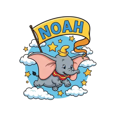 A cute, happy cartoon Dumbo soaring through the sky with his magic feather, holding a bright, swirling banner that says 'Noah' in bold, friendly letters, surrounded by whimsical stars and fluffy clouds.