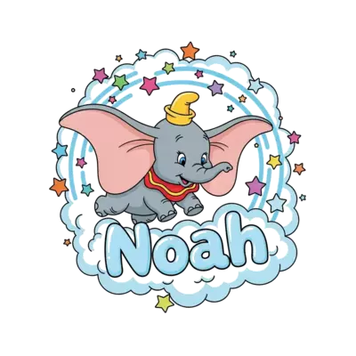 A playful, vibrant illustration of a cheerful cartoon Dumbo flying with his magic feather amidst a swirl of colorful stars and soft clouds, with the name 'Noah' playfully integrated into the cloud formations.