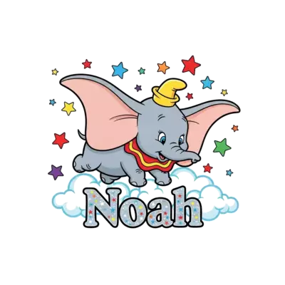 A sweet cartoon Dumbo smiling as he flies with his magic feather, with the name 'Noah' appearing in a shimmering, star-filled font just beneath him, all set against a backdrop of colorful stars and soft, dreamy clouds.