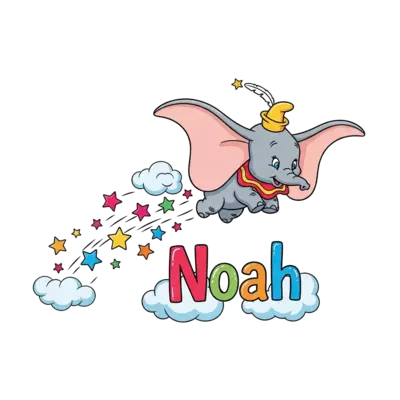 A cheerful, cute cartoon Dumbo flying gracefully with his magic feather, leaving a trail of colorful stars and soft clouds that spell out 'Noah' in a vibrant, playful script.
