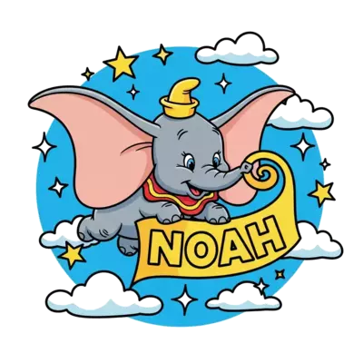 A cute, happy cartoon Dumbo soaring through the sky with his magic feather, holding a bright, swirling banner that says 'Noah' in bold, friendly letters, surrounded by whimsical stars and fluffy clouds.