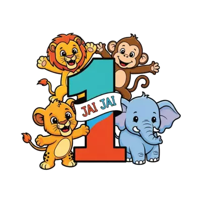 A cute and colorful illustration of baby jungle animals (lion cub, monkey, elephant calf) celebrating around a giant number '1', with 'Jai Jai' subtly incorporated into a banner. Vibrant cartoon style, isolated graphic.
