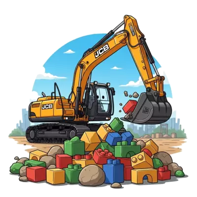 A detailed, realistic JCB excavator, slightly stylized with friendly, subtle character, digging into a mound of oversized, colorful building blocks and a few playful, round rocks. The background is a bright, sunny construction site with a clear blue sky, rendered in a vibrant, child-friendly illustration style.