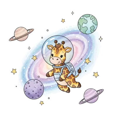 A whimsical baby giraffe astronaut wearing a transparent helmet, floating gently in a dreamy cosmic watercolor galaxy with soft pastel planets and twinkling stars, in a fluid watercolor painting style.
