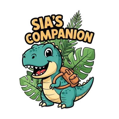 A cute cartoon baby T-Rex smiling, wearing a tiny backpack, with the text 'Sia's Companion' playfully integrated into the background with jungle leaves, vibrant and friendly style.
