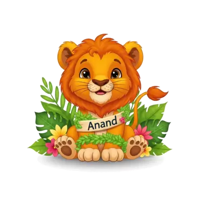 A cheerful, cute cartoon lion cub with a friendly smile, sitting amongst vibrant green leaves and exotic flowers. A small, playful banner with the name 'Anand' is woven into the foliage. Bright, inviting colors, soft shadows, vector art style.