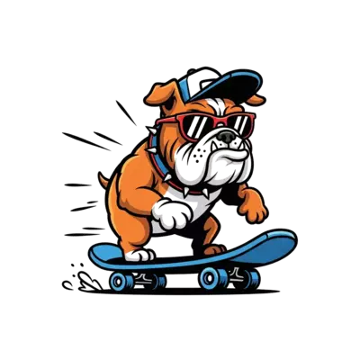 A cool cartoon bulldog wearing sunglasses and a backward baseball cap, riding a skateboard with dynamic lines, vibrant colors, bold comic book style illustration.