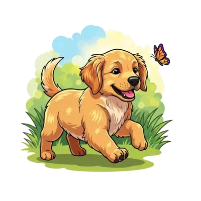 A charming golden retriever puppy, highly detailed and realistic fur texture, with a warm, friendly expression, playfully chasing a butterfly in a sunny, vibrant green garden, soft bokeh background, cheerful and inviting.