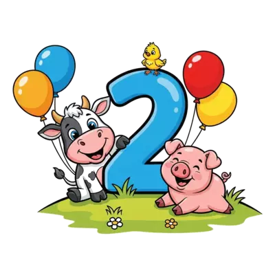 A cute cartoon farm scene with happy baby animals like a cow, pig, and chick playing around a large, whimsical number '2', surrounded by a few colorful balloons, bright and cheerful style.