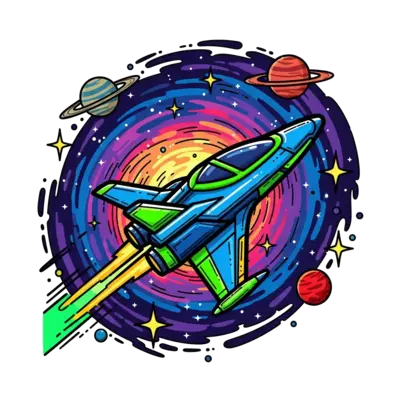 A dynamic and vibrant illustration of a futuristic spaceship soaring through a swirling, multi-colored nebula, surrounded by glowing stars and distant planets, in a bold and energetic cartoon style.