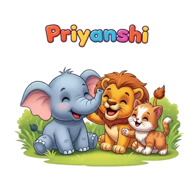 A whimsical illustration of a super cute cartoon baby elephant, a playful lion cub, and a fluffy kitten giggling and playing together in a lush, green meadow. The style is bright, cheerful, and kawaii, with the name 'Priyanshi' written in a bubbly, colorful font above them.