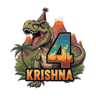 A bold and friendly cartoon Tyrannosaurus Rex, wearing a cool party hat, roaring excitedly next to a large, stylized number '4'. The name 'Krishna' is integrated below in an adventurous, prehistoric-inspired font. Rich jungle background with volcanic peaks, vibrant colors, strong lines, adventurous illustration style.