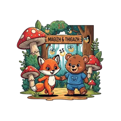 A whimsical illustration featuring a cute baby fox and a cheerful baby bear, hand-in-hand, exploring a magical forest filled with oversized mushrooms, sparkling fireflies, and lush greenery. The names "Magizh & Thigazh" are written on a wooden sign, and the number "2.5" is playfully hidden among the leaves. Vibrant, storybook cartoon style.