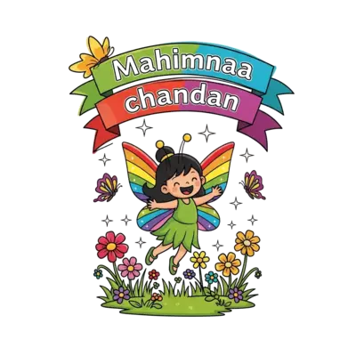 A vibrant cartoon illustration of a joyful fairy with rainbow wings, surrounded by sparkling flowers and butterflies, in a magical garden. The name "Mahimnaa chandan" is playfully incorporated into a colorful banner above the fairy.