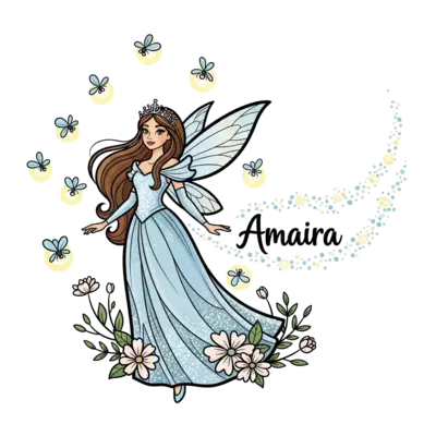 A graceful fairy princess with long flowing hair, wearing a shimmering gown, surrounded by magical glowing fireflies and delicate flowers, in a soft, dreamy watercolor style with the name 'Amaira' subtly integrated into a magical trail.