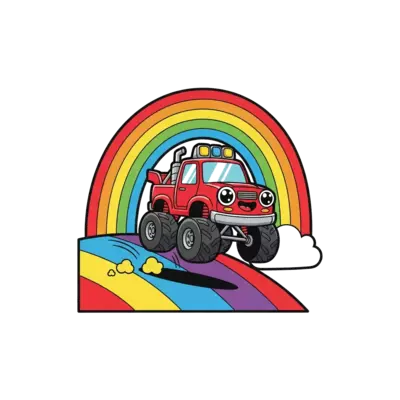 A cheerful cartoon monster truck with big friendly eyes, bouncing over a colorful hill with a rainbow in the background, in a playful kawaii style.