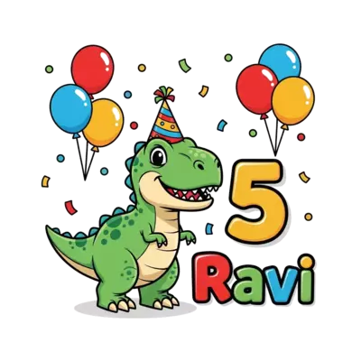 A super cute baby T-Rex wearing a party hat, surrounded by colorful balloons and confetti, with the number '5' prominently displayed and the name 'Ravi' in playful font, cartoon style.