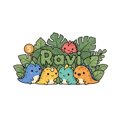 A playful group of cute baby dinosaurs playing hide-and-seek among giant jungle leaves, with the number '5' peeking out and 'Ravi' hidden subtly in the foliage, in a soft, round cartoon art style.
