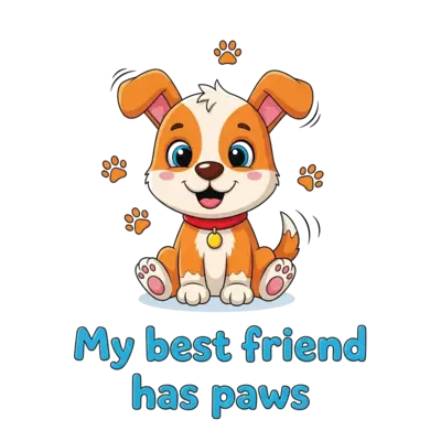 A cheerful, cartoon puppy illustration, sitting happily with big, friendly eyes and a wagging tail, surrounded by small, playful paw prints, with the text 'My best friend has paws' in a bubbly, child-friendly font.