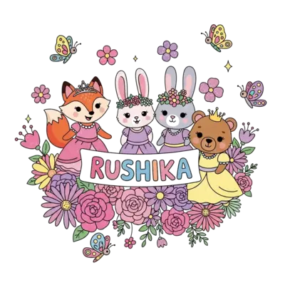 A whimsical illustration of a diverse group of cartoon animals (like a fox, bunny, and bear) dressed as princesses, celebrating with a banner that says 'Rushika', surrounded by pink, purple, and rainbow flowers and butterflies, in a cute, vibrant, and pastel style.