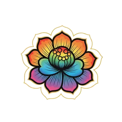 A vibrant illustration of a traditional Kerala mural art style Kanikonna flower, with a subtle rainbow gradient within its petals, surrounded by delicate gold outlines, on a clean background.