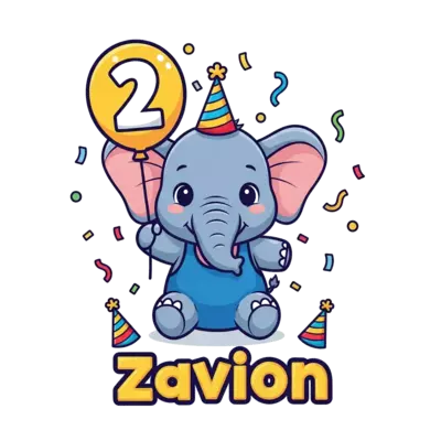 A super cute baby elephant character, smiling and holding a big number '2' balloon, surrounded by colorful confetti and party hats, with the name 'Zavion' playfully written below, in a vibrant cartoon style with soft outlines.