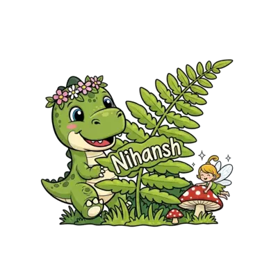 A whimsical cartoon scene featuring a friendly baby dinosaur wearing a flower crown, playing hide-and-seek with a tiny, sparkling fairy in a lush, enchanted forest, with the name 'Nihansh' subtly integrated into the foliage, cute and playful style.