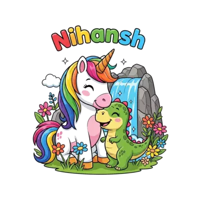 A vibrant cartoon illustration of a happy unicorn with a rainbow mane and tail, gently nuzzling a cute, smiling dinosaur hatchling amidst a backdrop of colorful wildflowers and a sparkling waterfall, with 'Nihansh' written in a cheerful, bubbly font.