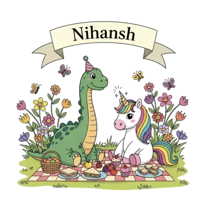 A playful cartoon design where a friendly dinosaur and a graceful unicorn are having a picnic in a sunny meadow, surrounded by butterflies and blooming flowers, with a banner above them that reads 'Nihansh' in a charming, handwritten font.