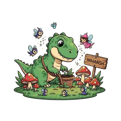An adorable cartoon baby T-Rex carefully tending to a magical garden filled with glowing mushrooms and tiny, winged creatures, with a whimsical fairy sprinkling glitter dust nearby, and 'Nihansh' subtly placed on a garden sign, in a cute, storybook art style.