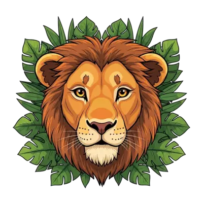 A detailed and friendly lion's face, with warm, gentle eyes and a soft expression, set against a backdrop of lush green jungle leaves and subtle sunlight filtering through, in a realistic illustration style for children.