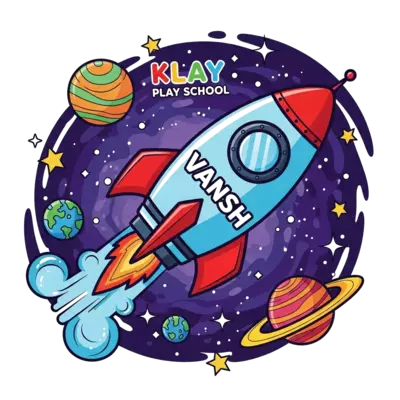A bold and cool illustration of a futuristic rocket ship with 'Vansh' written on its side, flying past planets and stars, with 'Klay Play School' subtly integrated into the cosmic background, vibrant and dynamic digital art style.